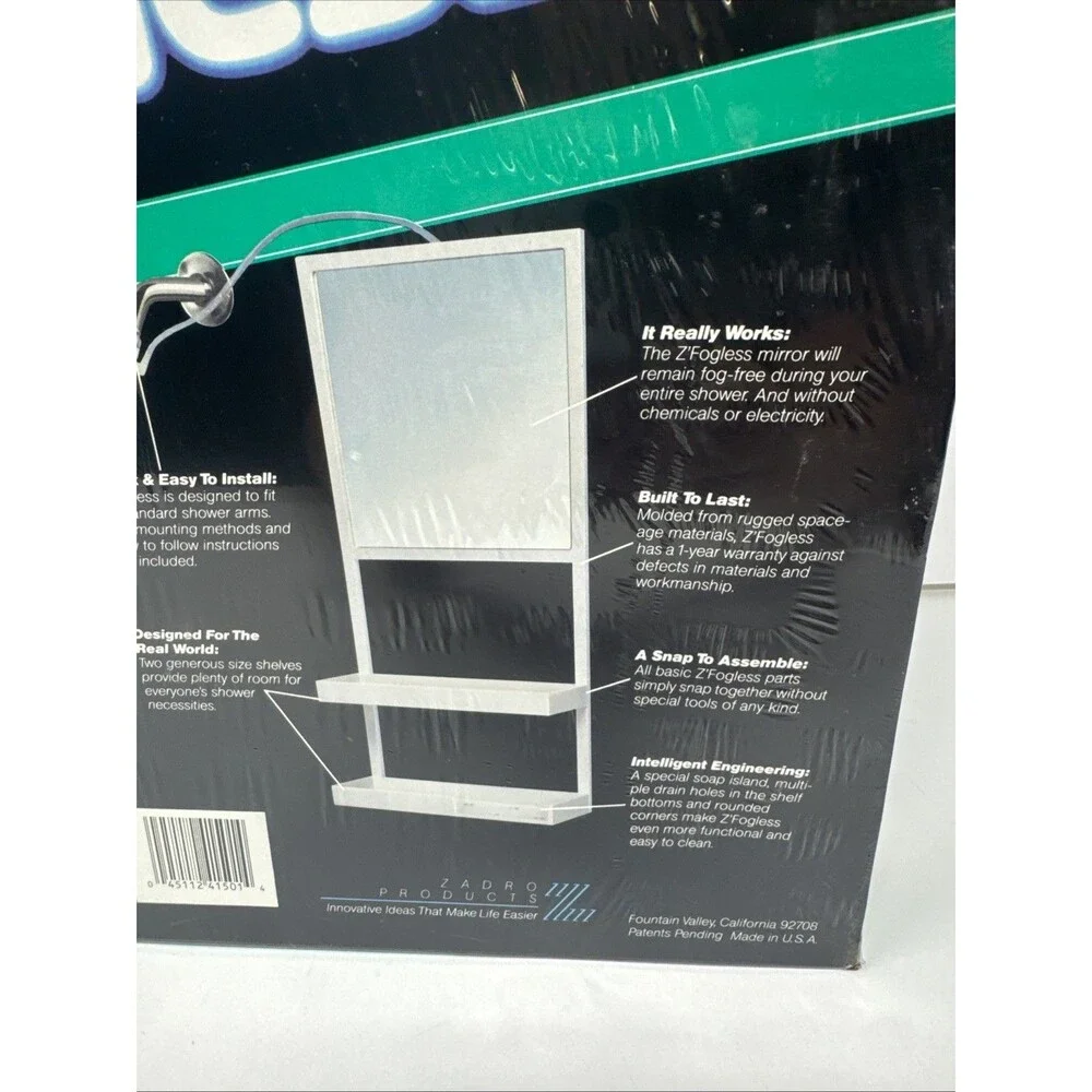 NOS Z’FOGLESS MIRROR FOG FREE SHOWER MIRROR With Shelf Shelves USA MADE